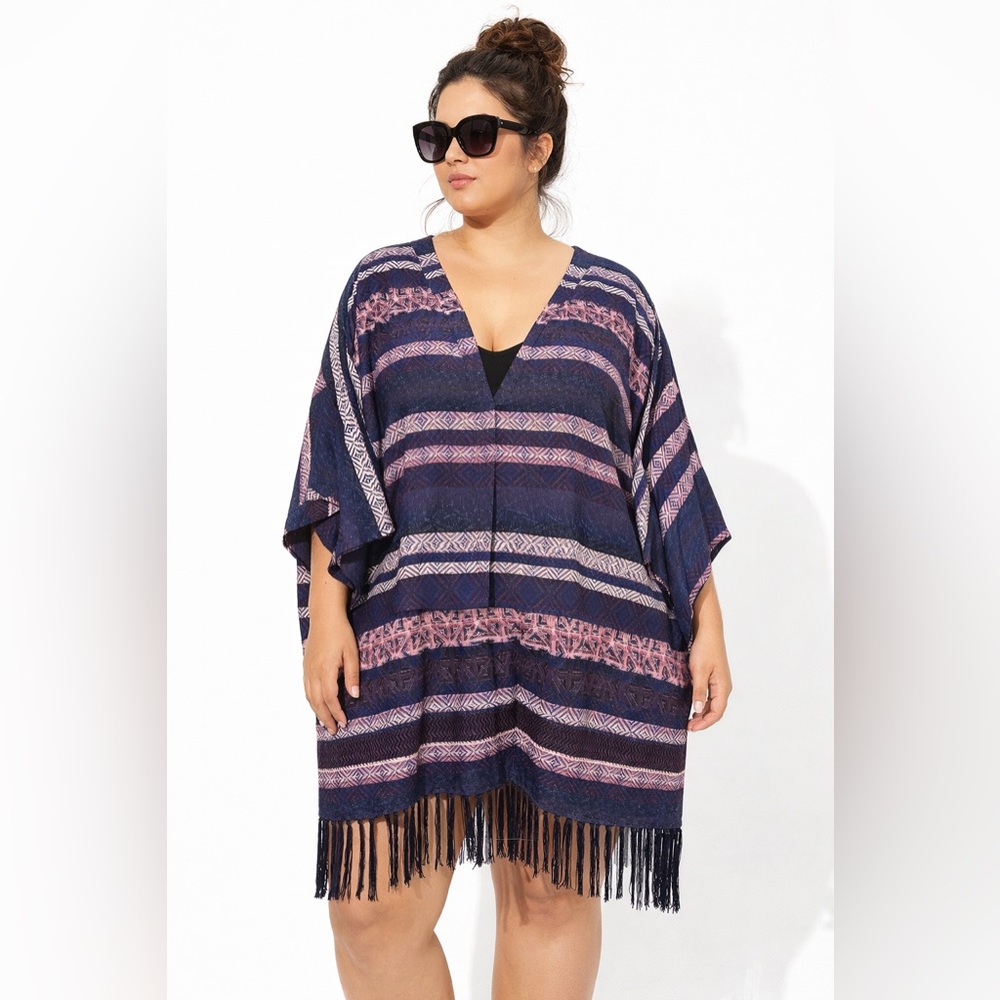 Swimsuits for All Navy and Pink Striped‎ Fringe V-Neck Coverup Lighweight